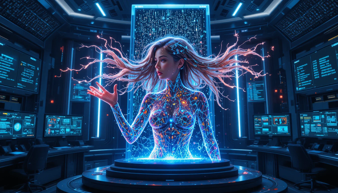 Mulher de IA holográfica multilíngue em sala de controle futurista