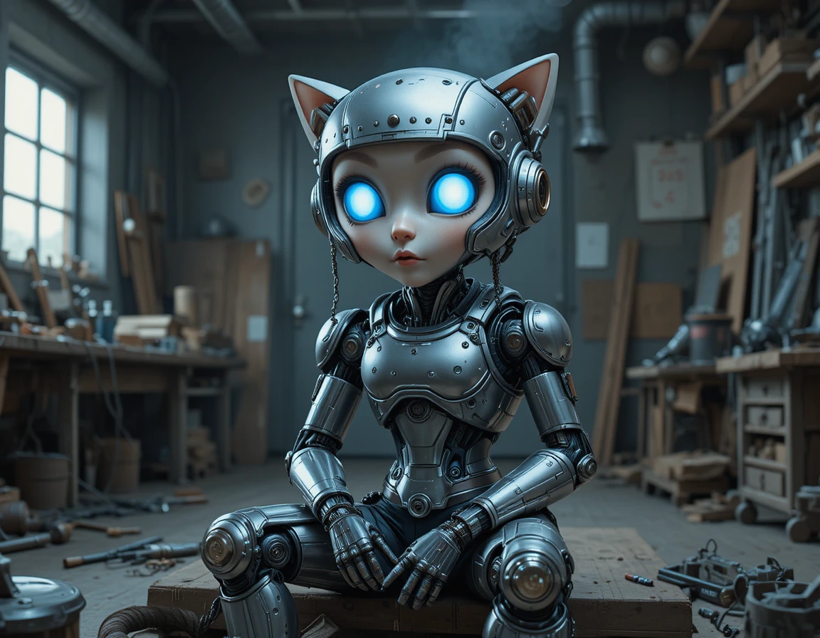 暗い近未来の工房にいるヒューマノイドロボットの猫