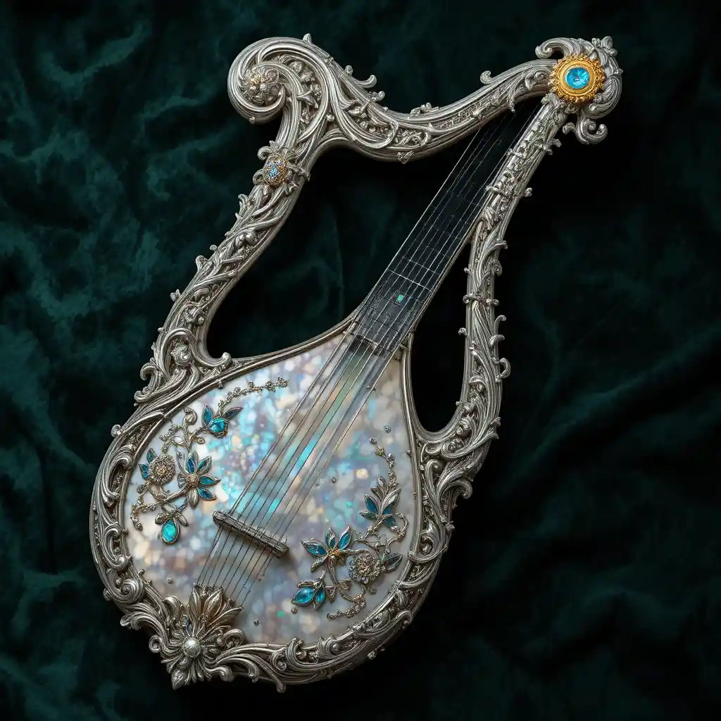 Ornate silver lyre on dark green velvet background