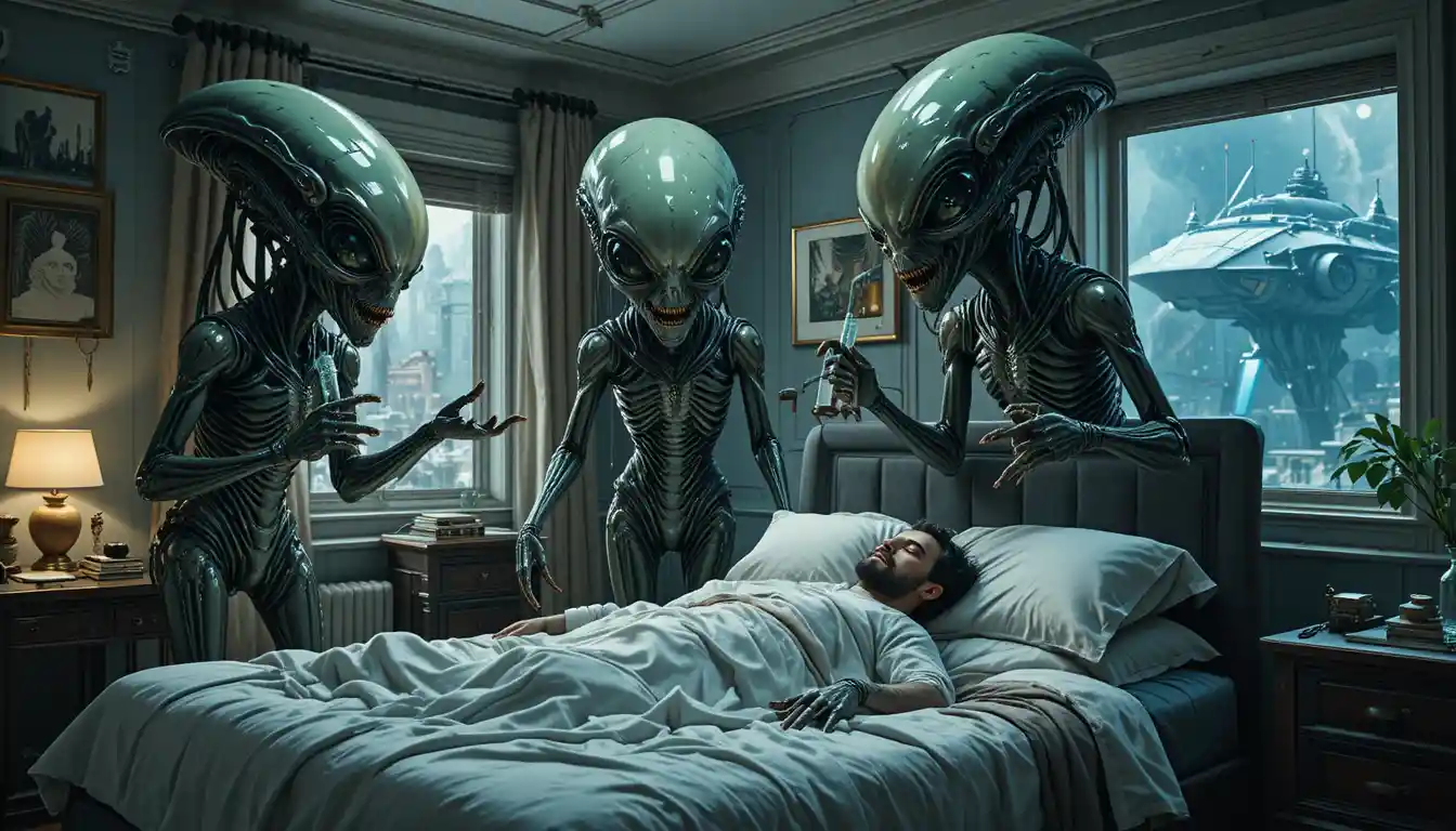 Außerirdische untersuchen einen schlafenden Mann in seinem Schlafzimmer