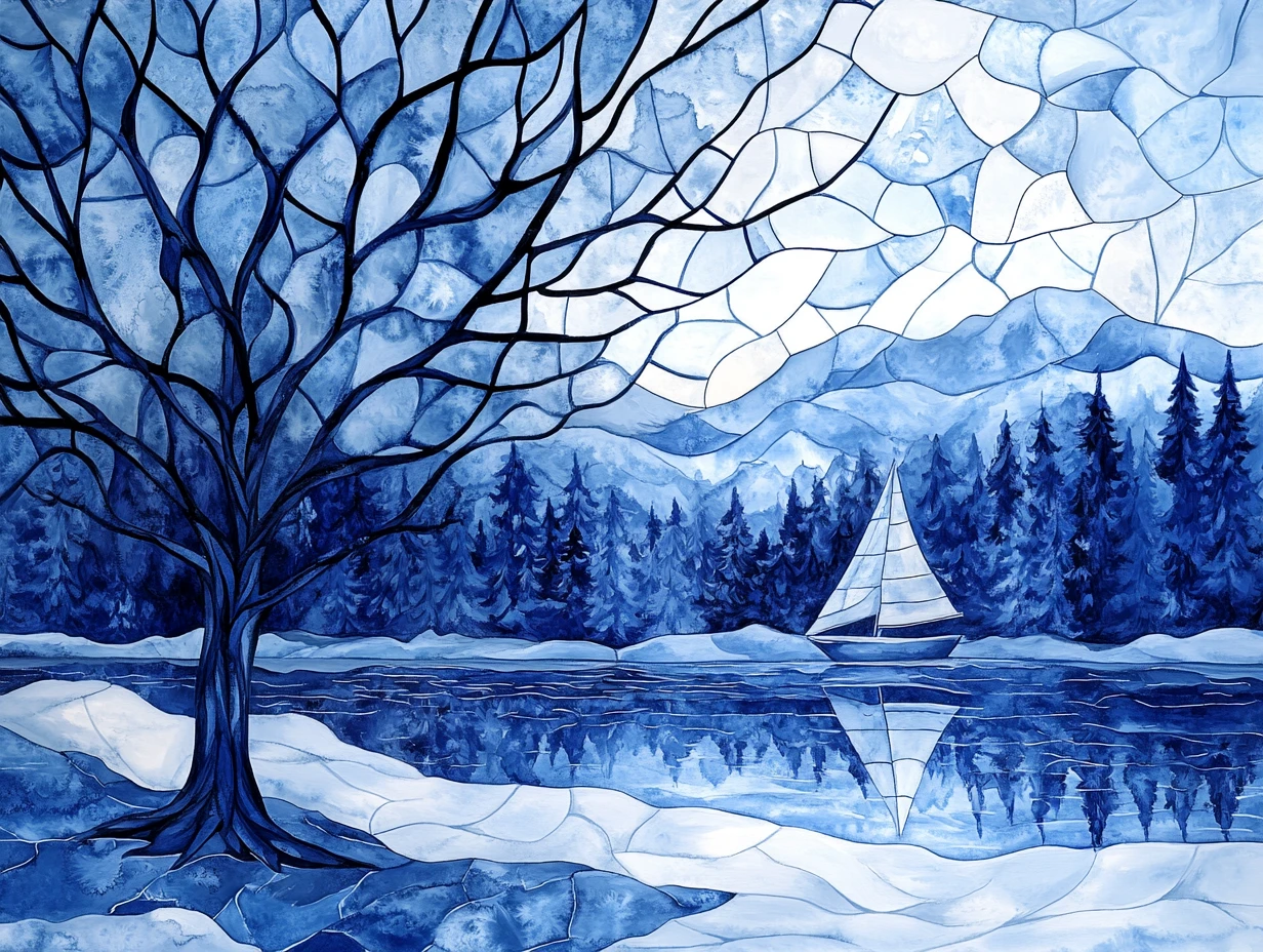 Arbre d’Hiver Bleu au Bord d’un Lac en Illustration Aquarelle