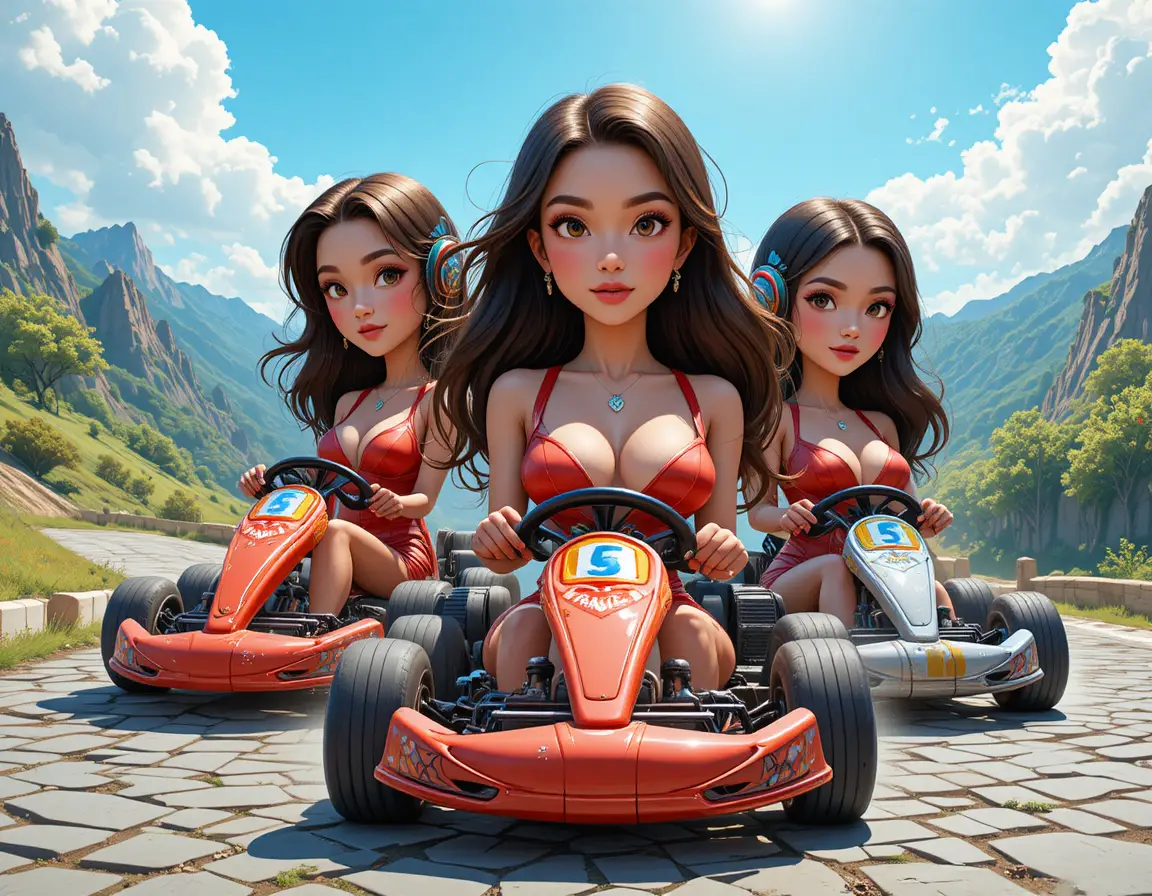 Three friends drifting go karts on a winding mountain road
