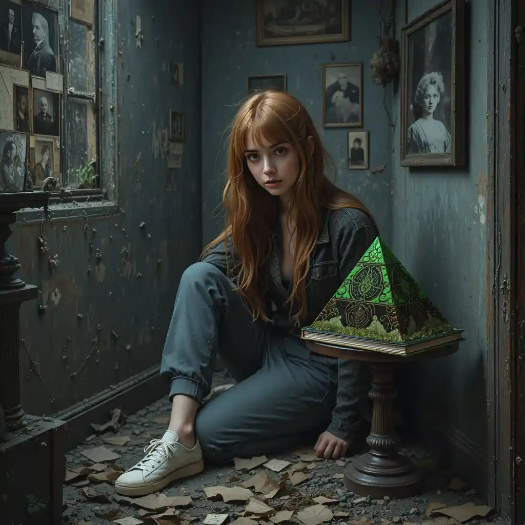 Young woman in dusty attic discovering old photo album