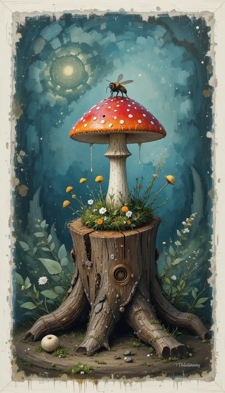 Magico fungo amanita muscaria con ape su vecchio ceppo nel bosco