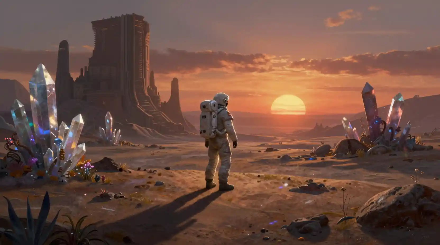 Astronaut beobachtet einen binären Sonnenuntergang auf einer fernen, fremden Welt