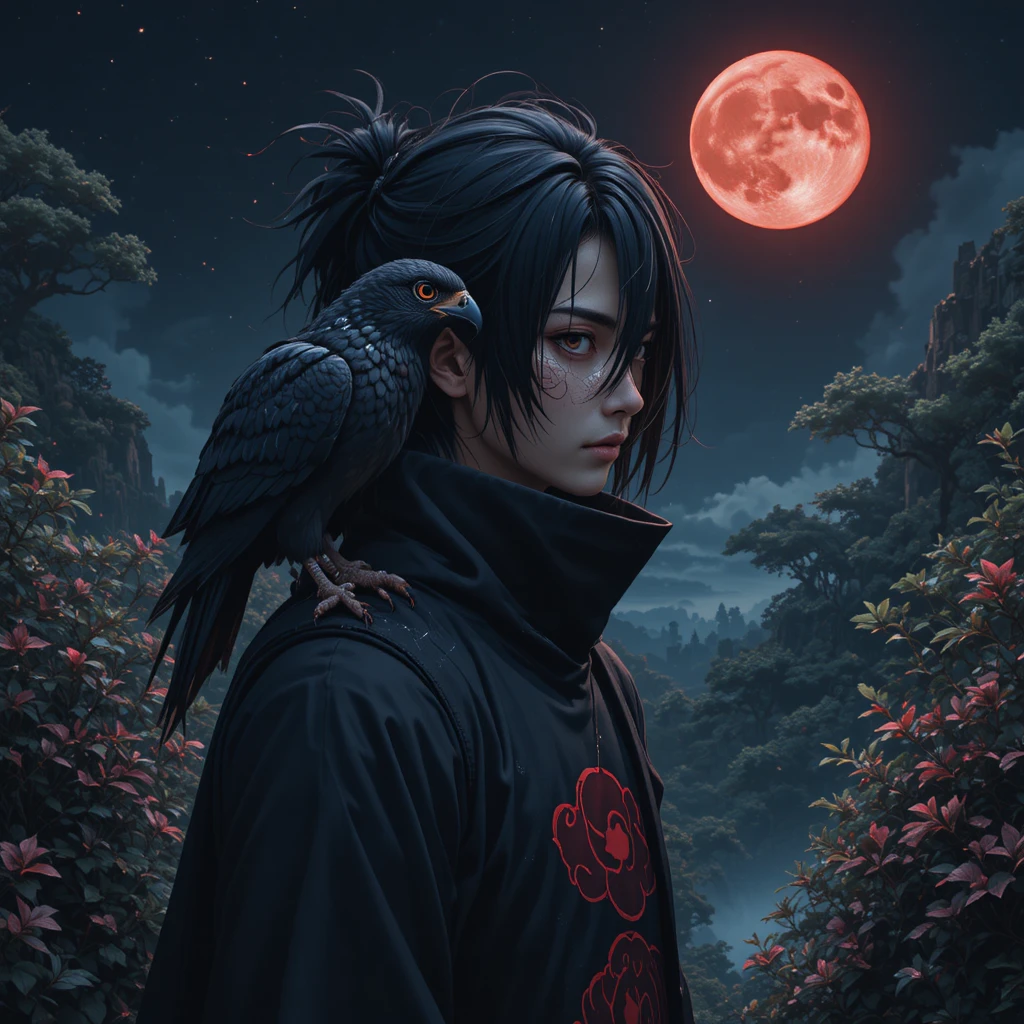 Uomo in veste scura con corvo e luna rossa nella notte