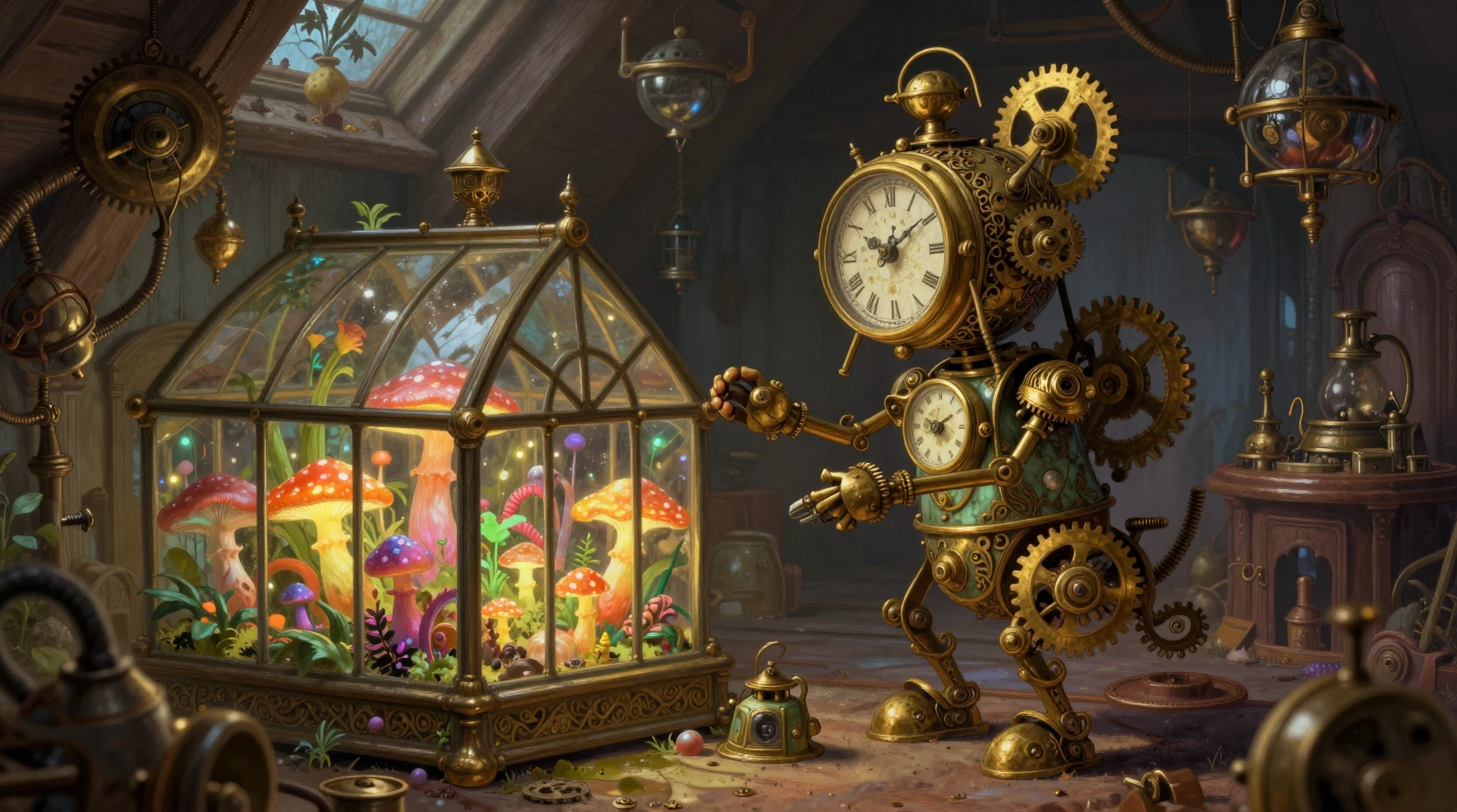 Clockwork automaton tending a glowing fungal greenhouse
