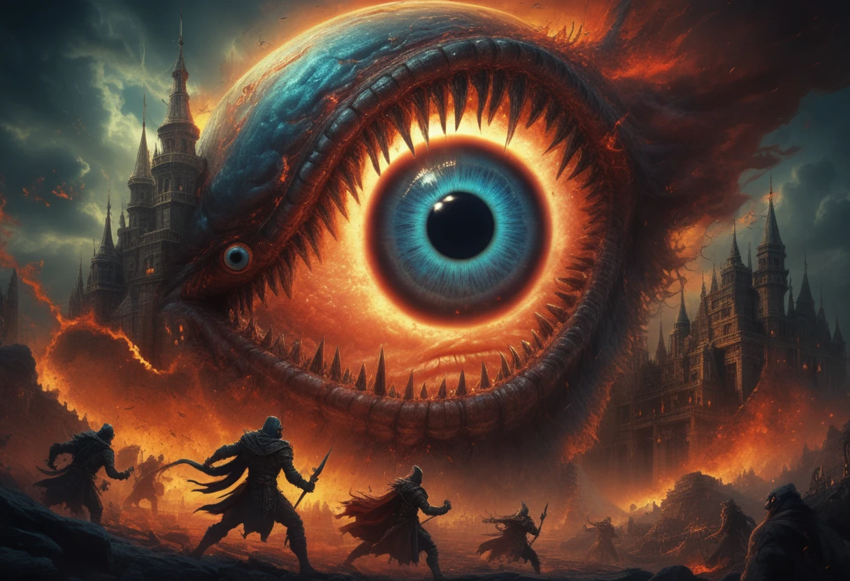 Gigantisches böses Augenmonster mit Zähnen im Fantasy-Reich