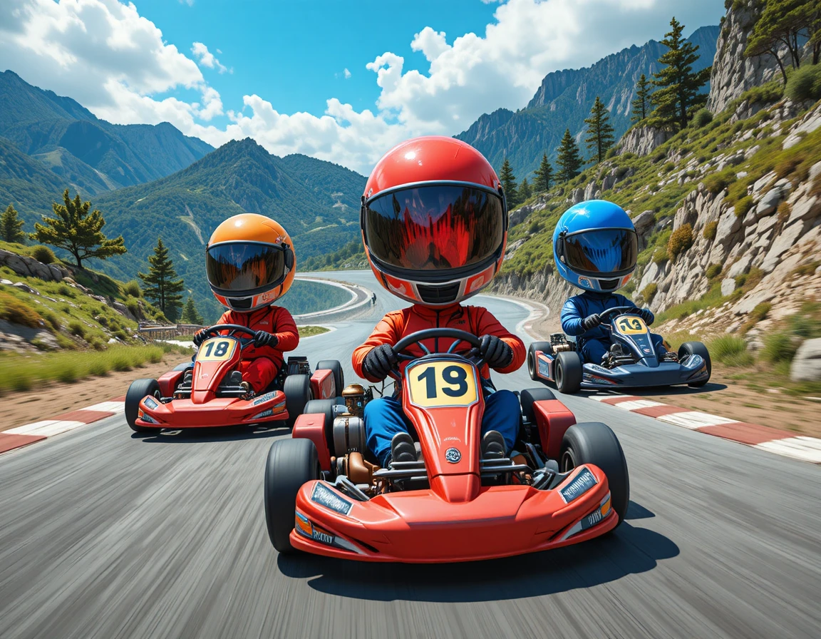 Three friends drifting go karts on a sunny mountain road