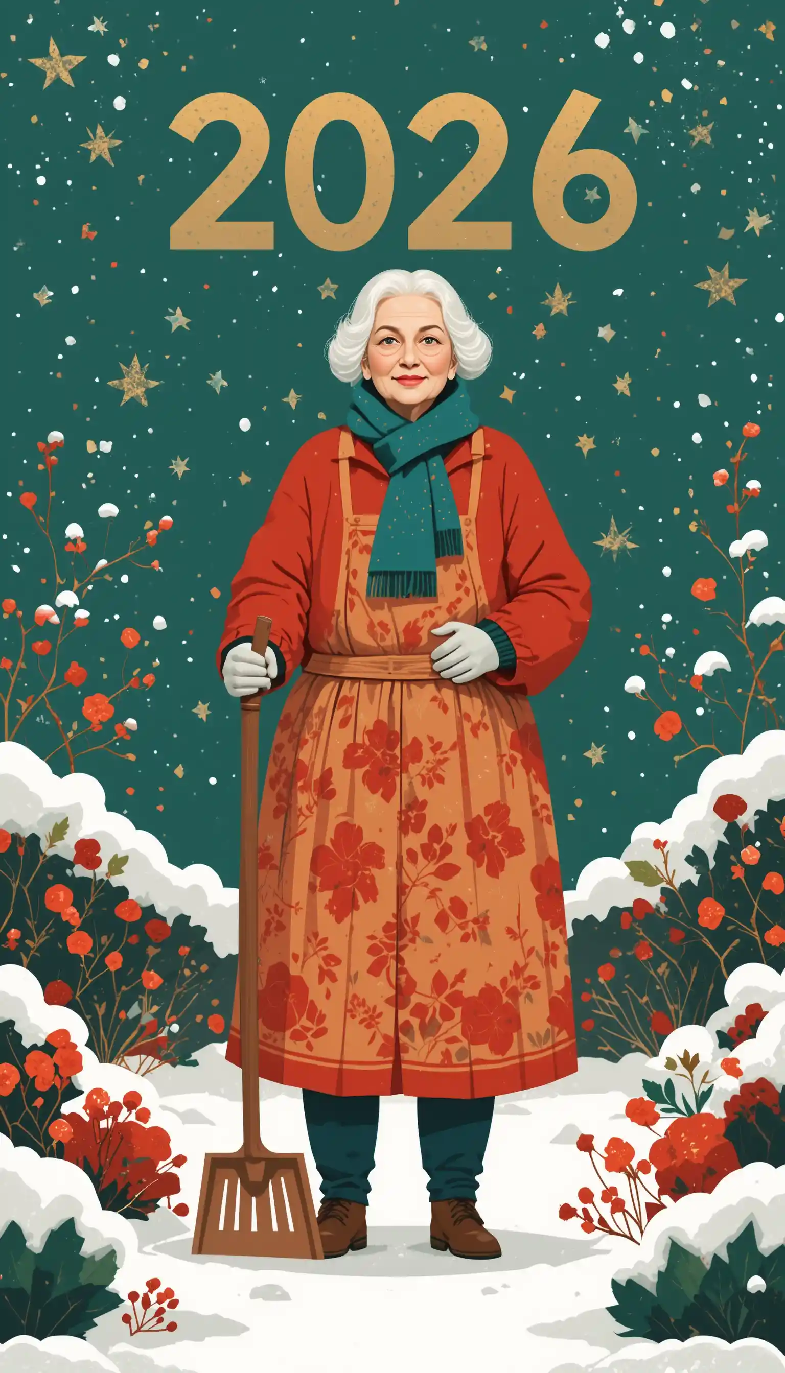 Grand-mère jardinière dans un jardin enneigé – illustration vectorielle de Nouvel An