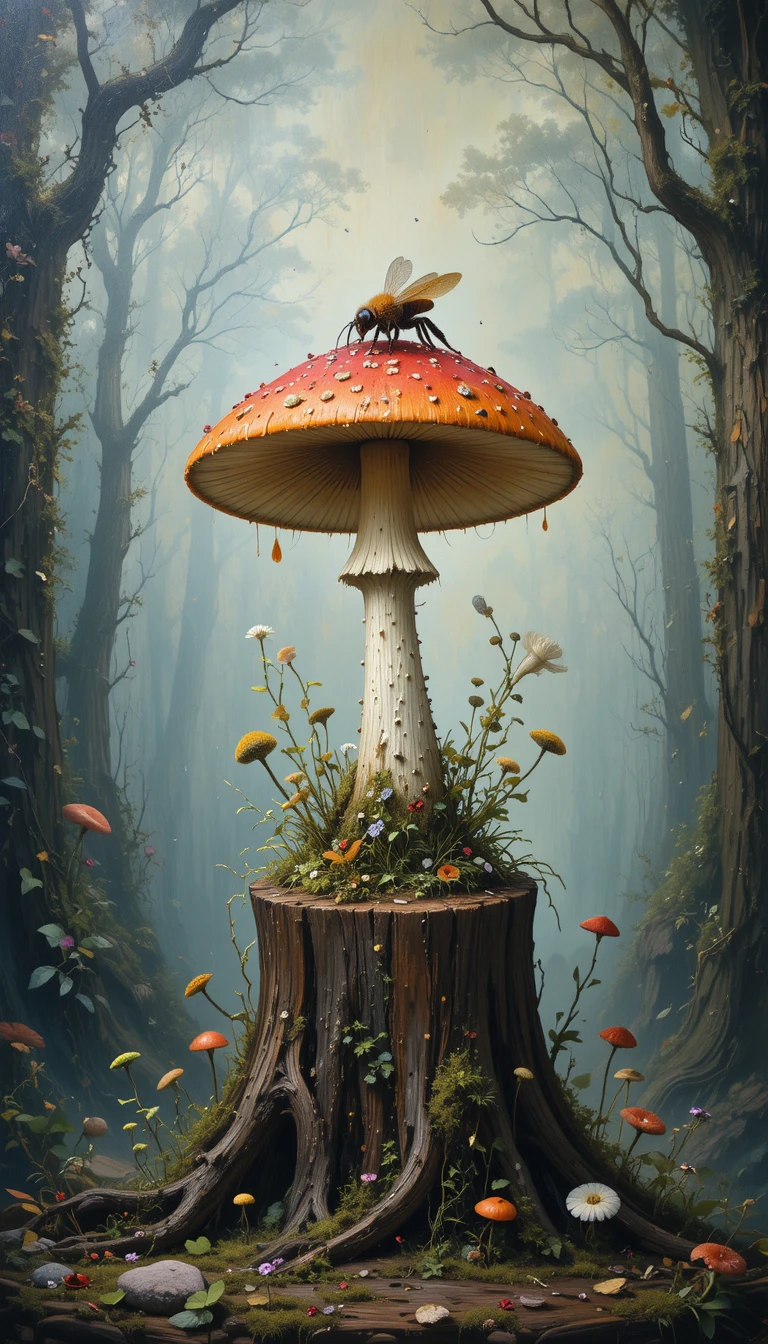 Cogumelo amanita mágico com uma pequena abelha em um toco