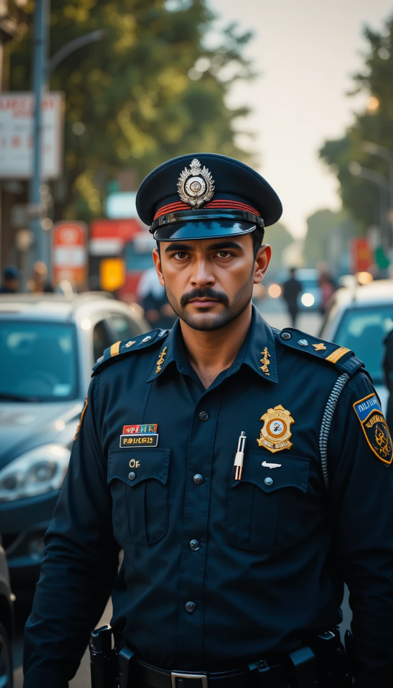 Agente di polizia pakistano che dirige il traffico in città