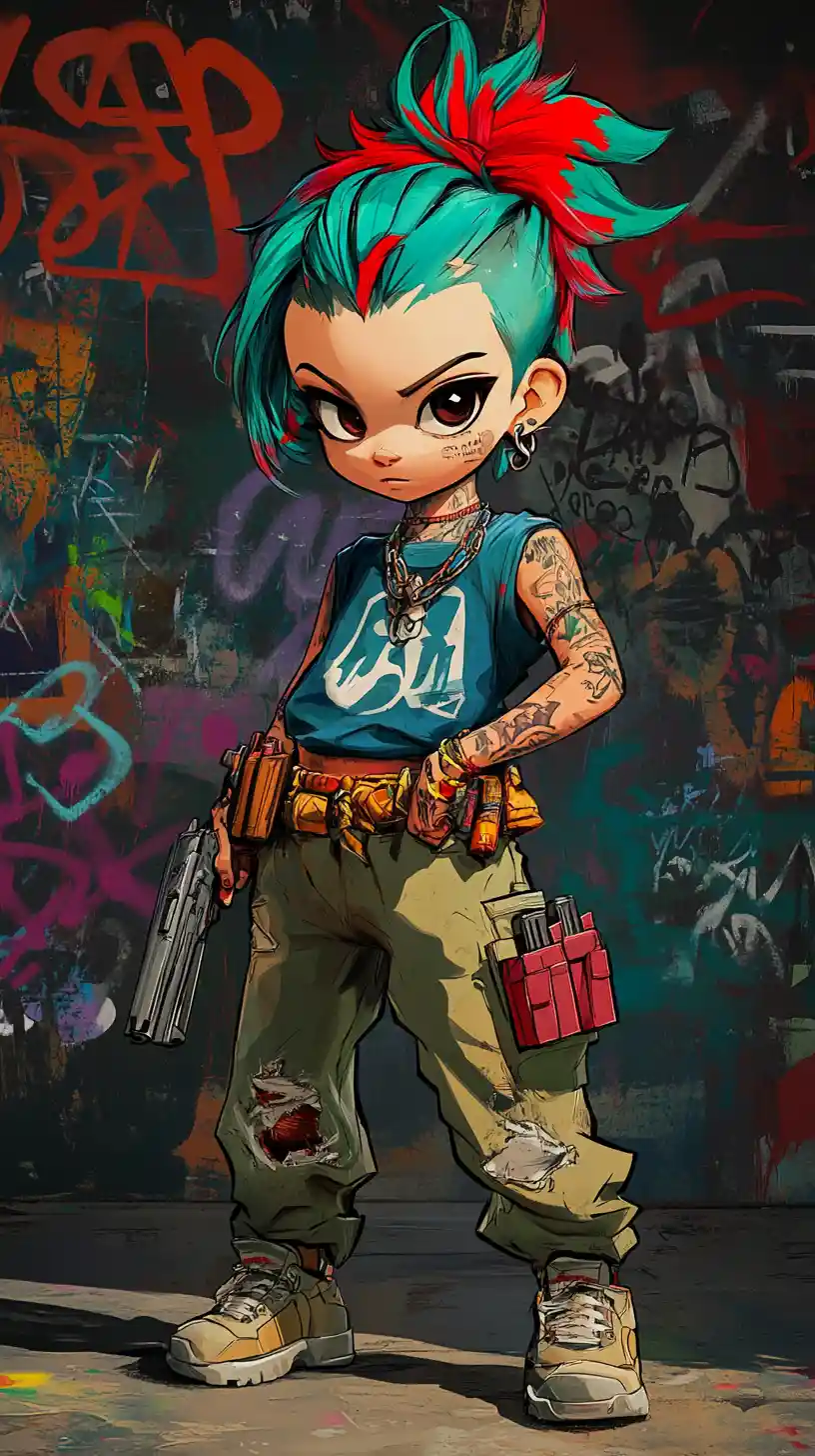 Tattooed youth aiming pistol in urban graffiti alley