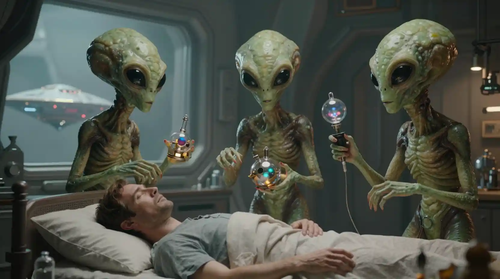 Científicos alienígenas se reúnen alrededor de un hombre dormido en la cama