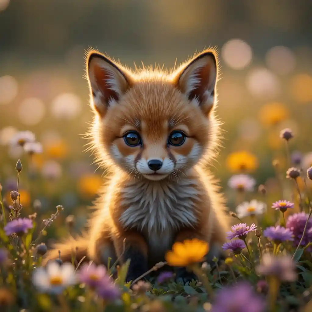 Adorable fox cub sitting in a wildflower field at sunset