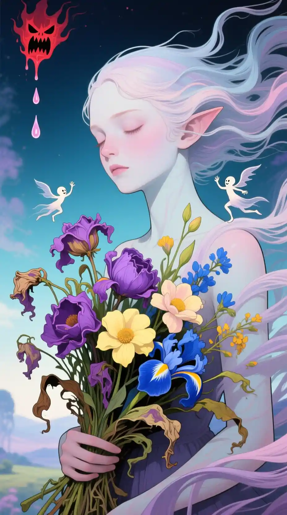Bouquet surreale che vortica in una brezza di fantasia fiabesca