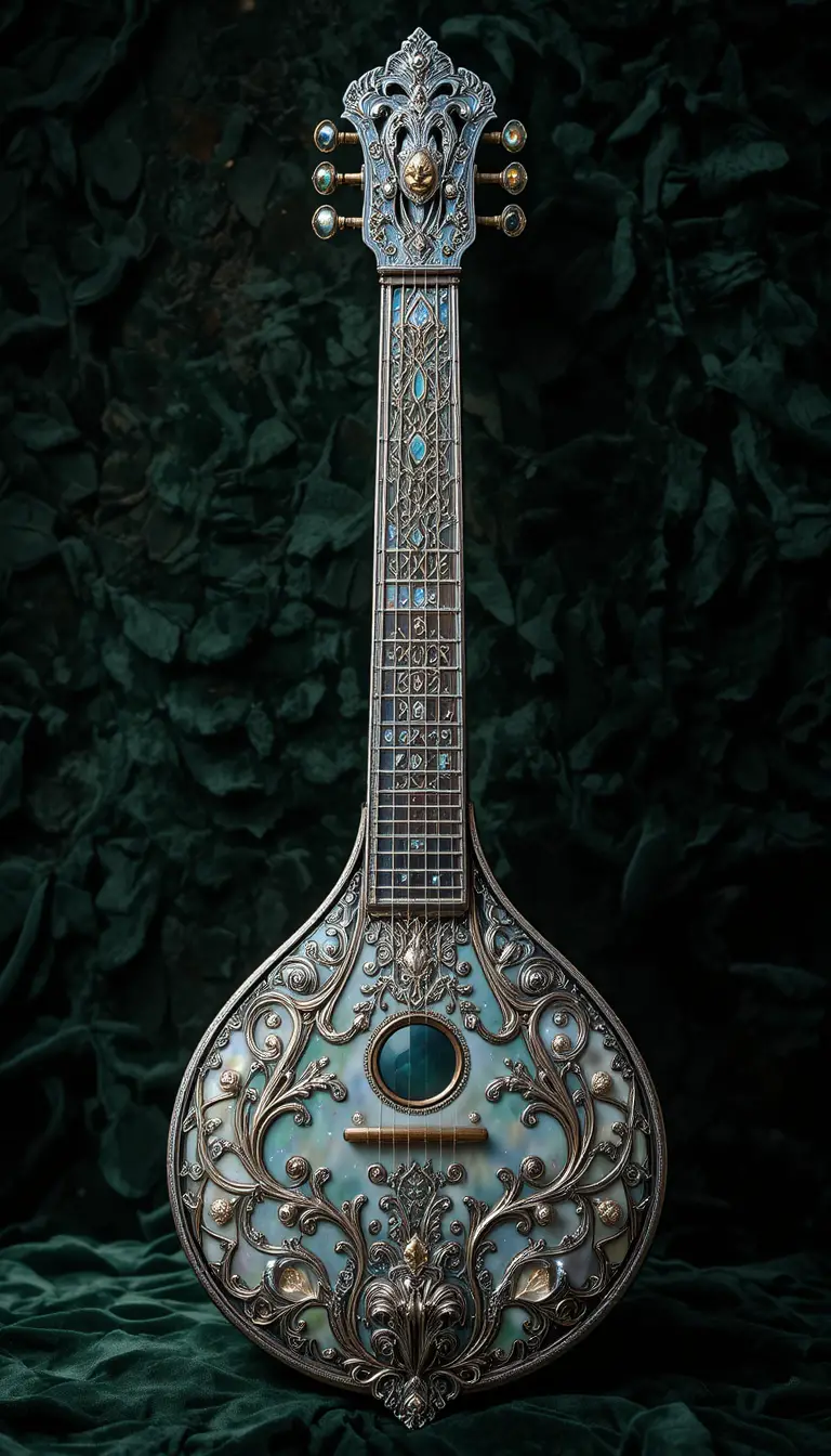 Sitar d’argento decorato su sfondo di velluto verde scuro