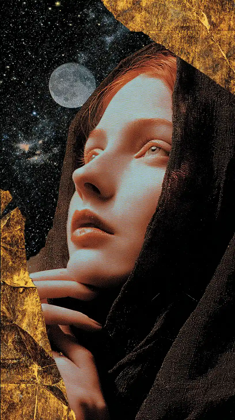 Surreal romantic collage at night with dreamlike minimal composition