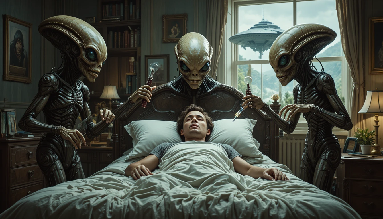 Seres alienígenas estudam um homem dormindo em seu quarto