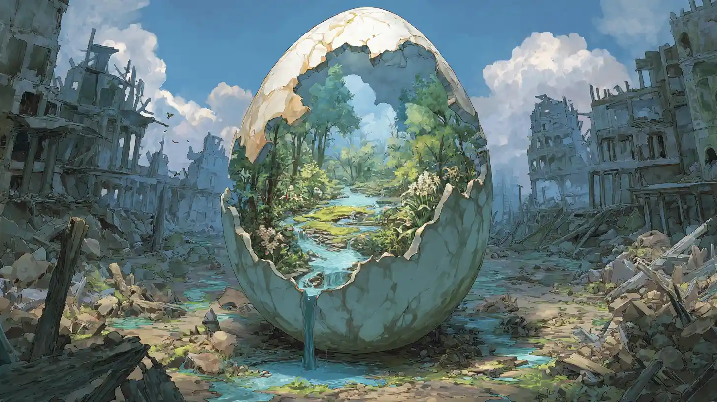Cracked egg world with forest reborn in ruins
