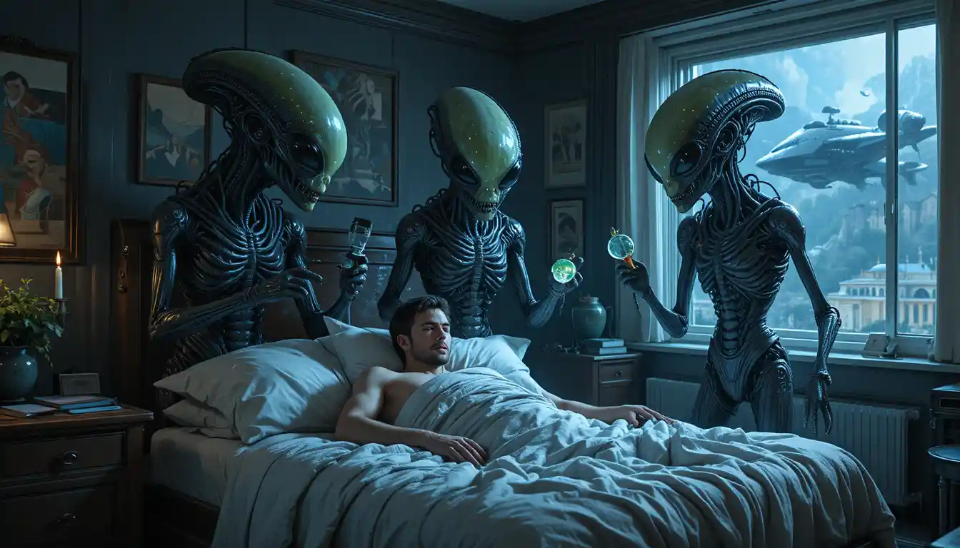 Außerirdische untersuchen einen schlafenden Mann in seinem Schlafzimmer