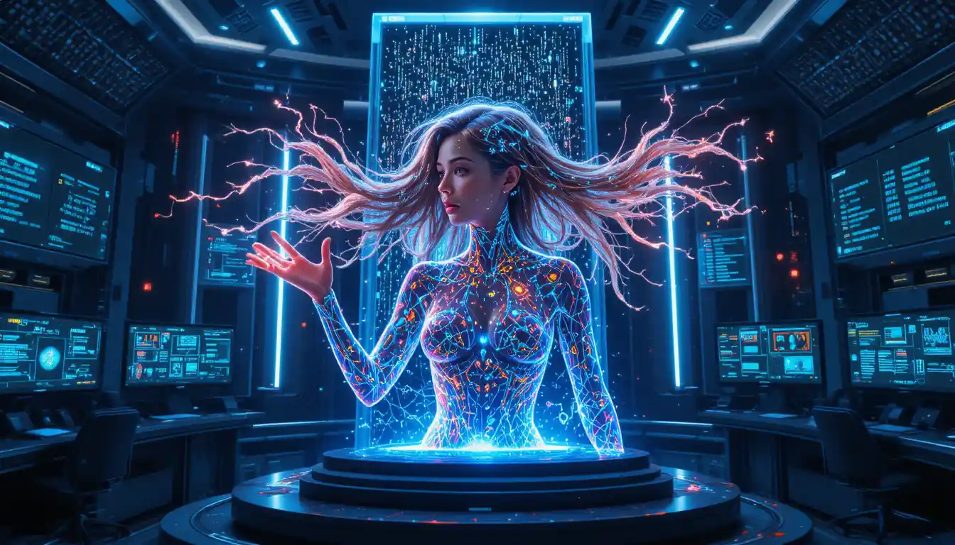 Mulher de IA holográfica multilíngue em sala de controle futurista