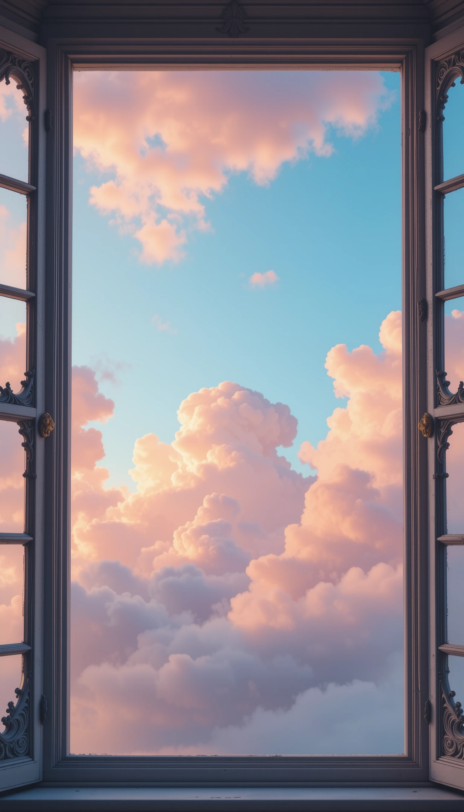 粉彩雲朵漂浮在網格天空窗景中
