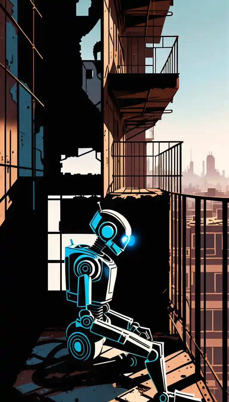Lonely robot on a crumbling fire escape above ruined city
