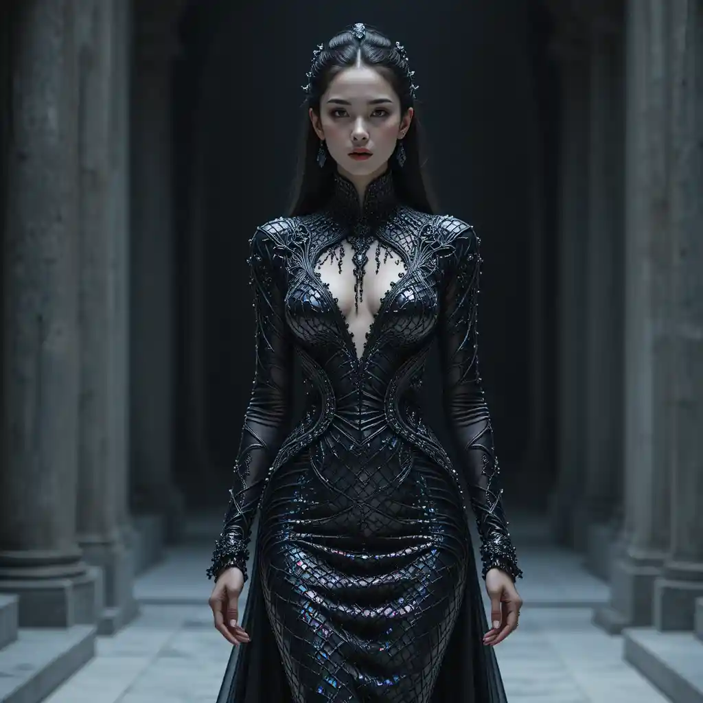 Korean woman in sculpted dragon skin couture gown