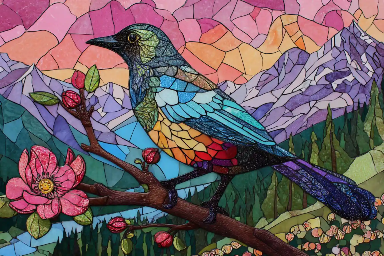 Farbenfroher Vogel auf Ast in Aquarell-Stil wie Buntglas