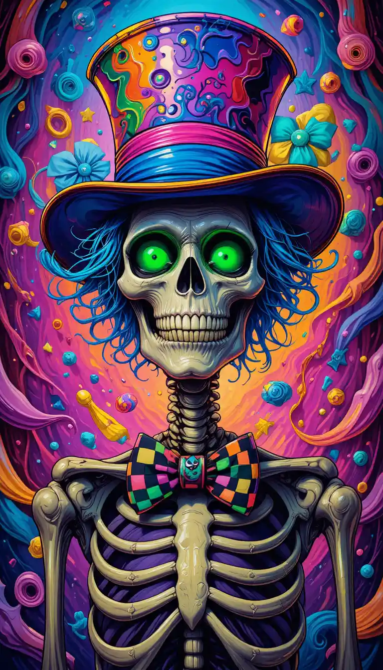 Esqueleto colorido de cartola com fundo de festa em espiral