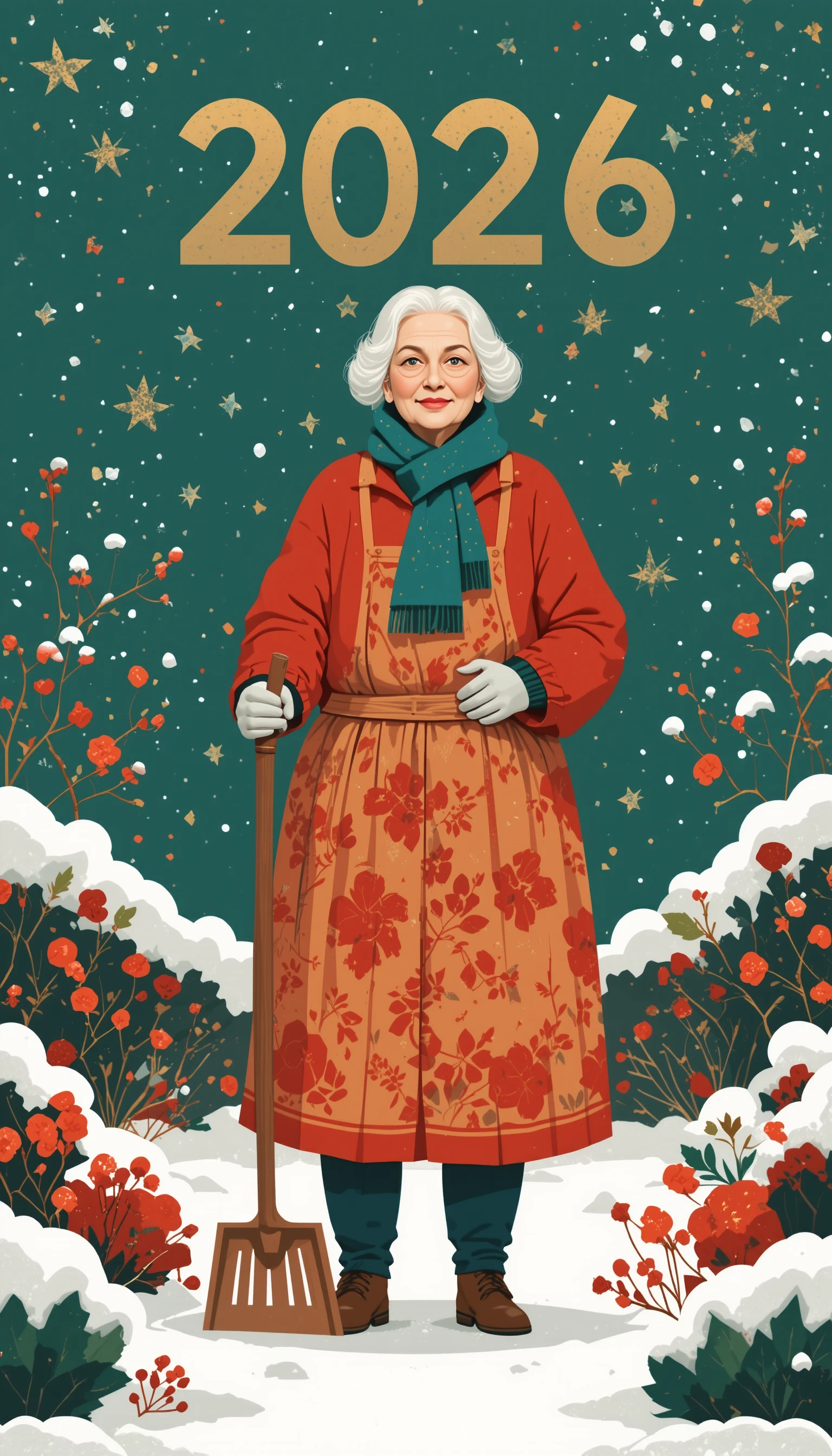 Nonna giardiniera in giardino innevato – illustrazione vettoriale di Capodanno