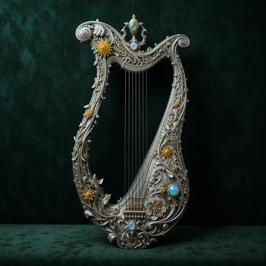 Ornate silver lyre with gemstone inlays on dark velvet