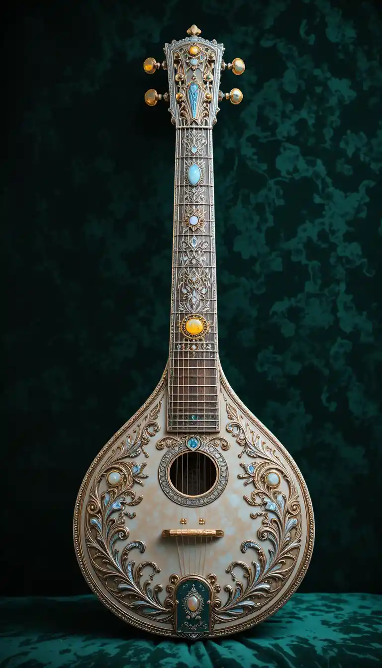 Sitar d’argento decorato su sfondo di velluto verde scuro