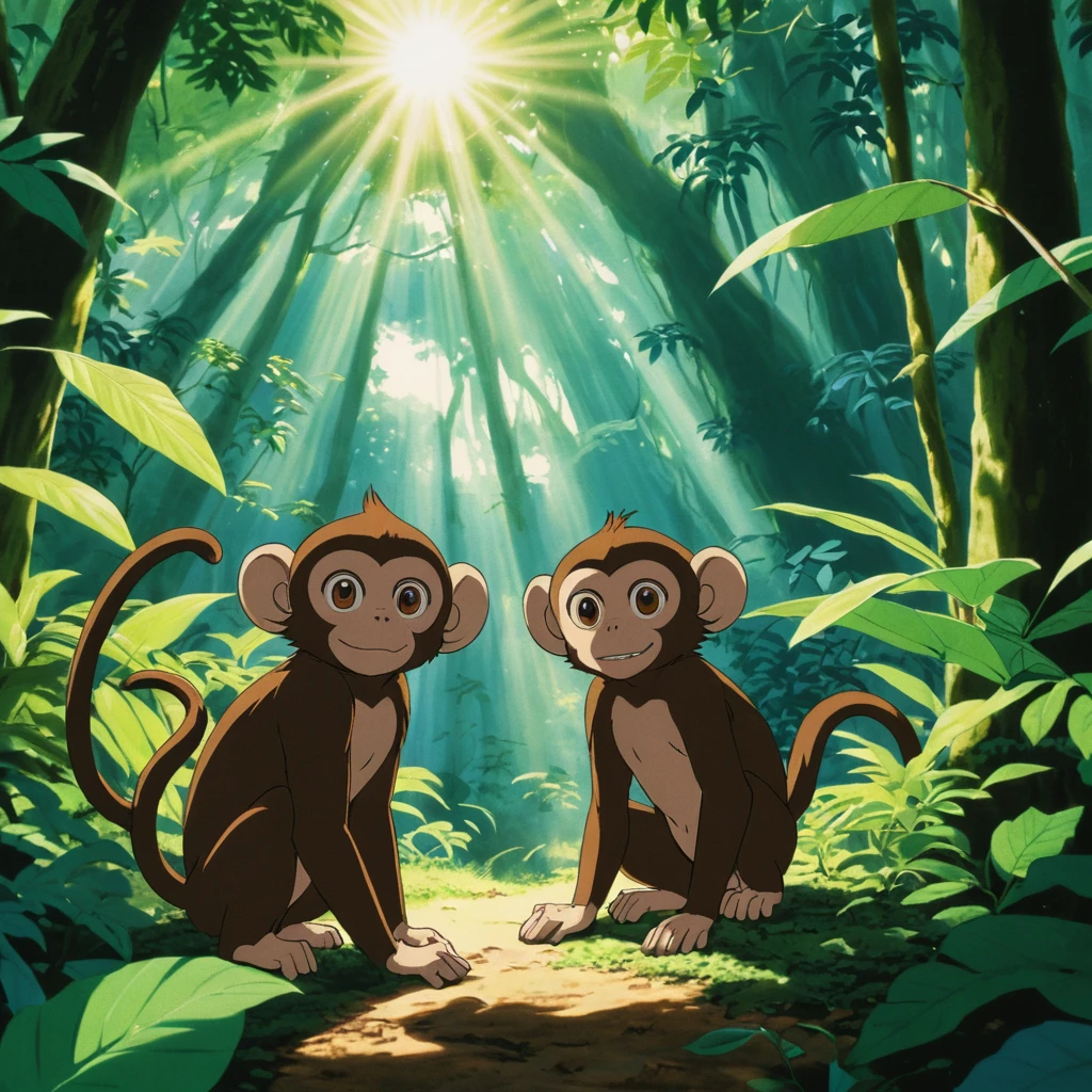 柔らかな日差しが差し込む緑豊かなジャングルで遊ぶサルたち