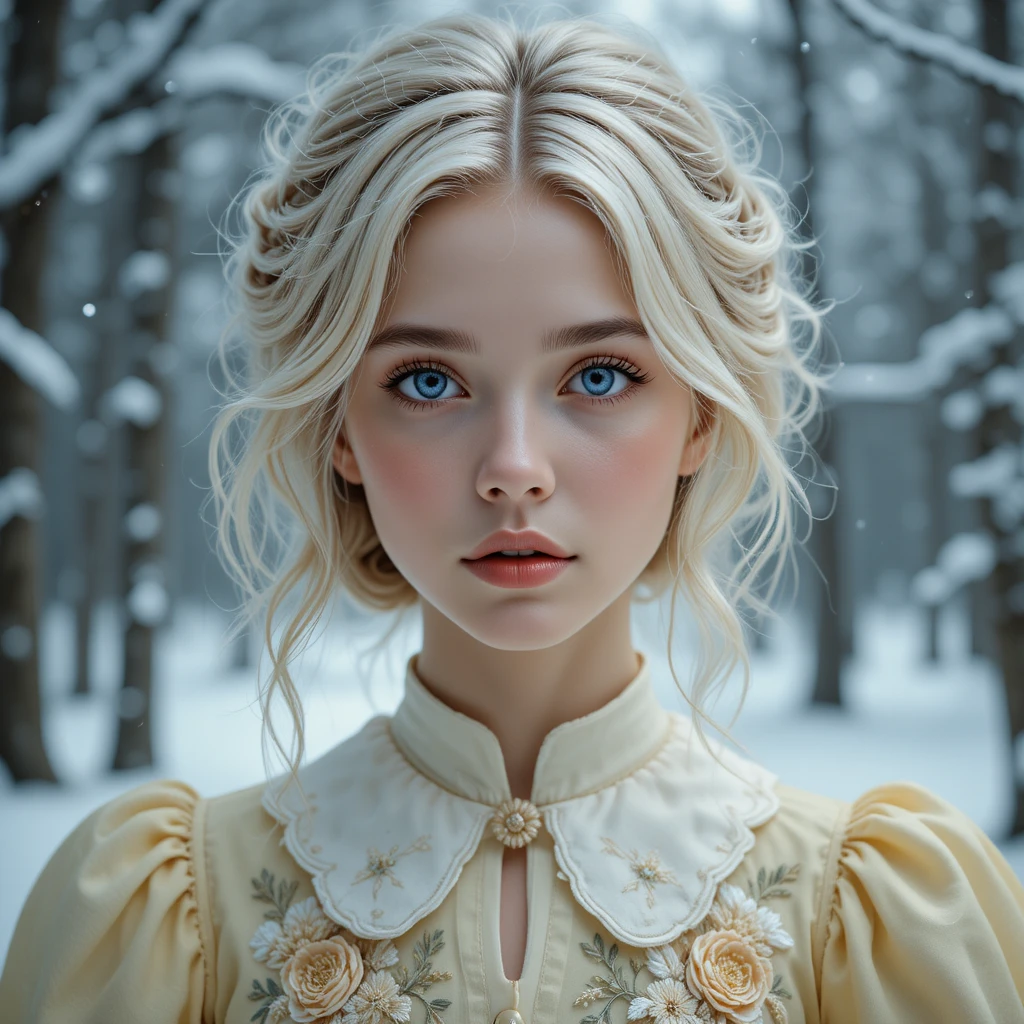 Young woman in yellow dress in a snowy winter forest