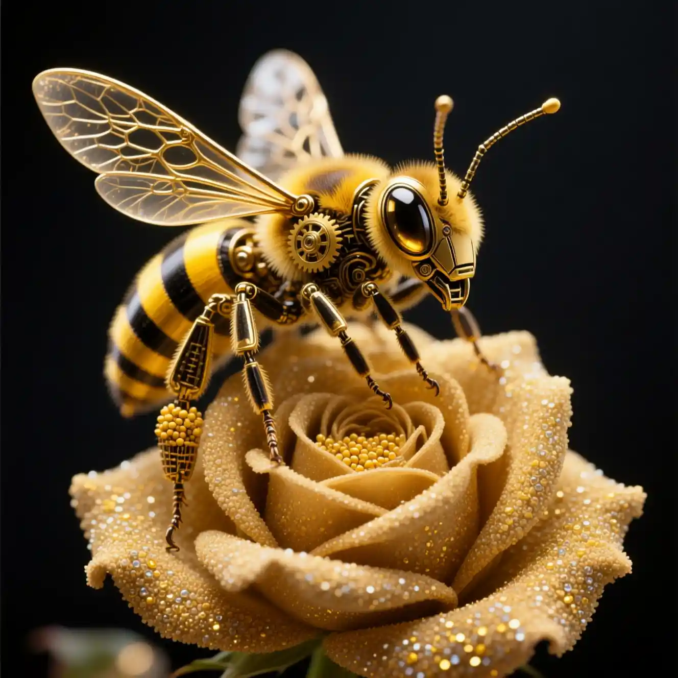 Abeja dorada mecánica sobre rosa de arena brillante en primer plano