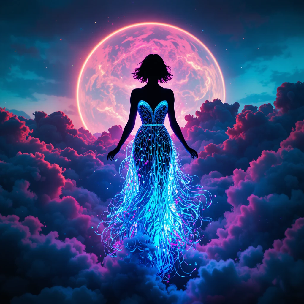 Woman silhouette in neon blue gown walking through clouds