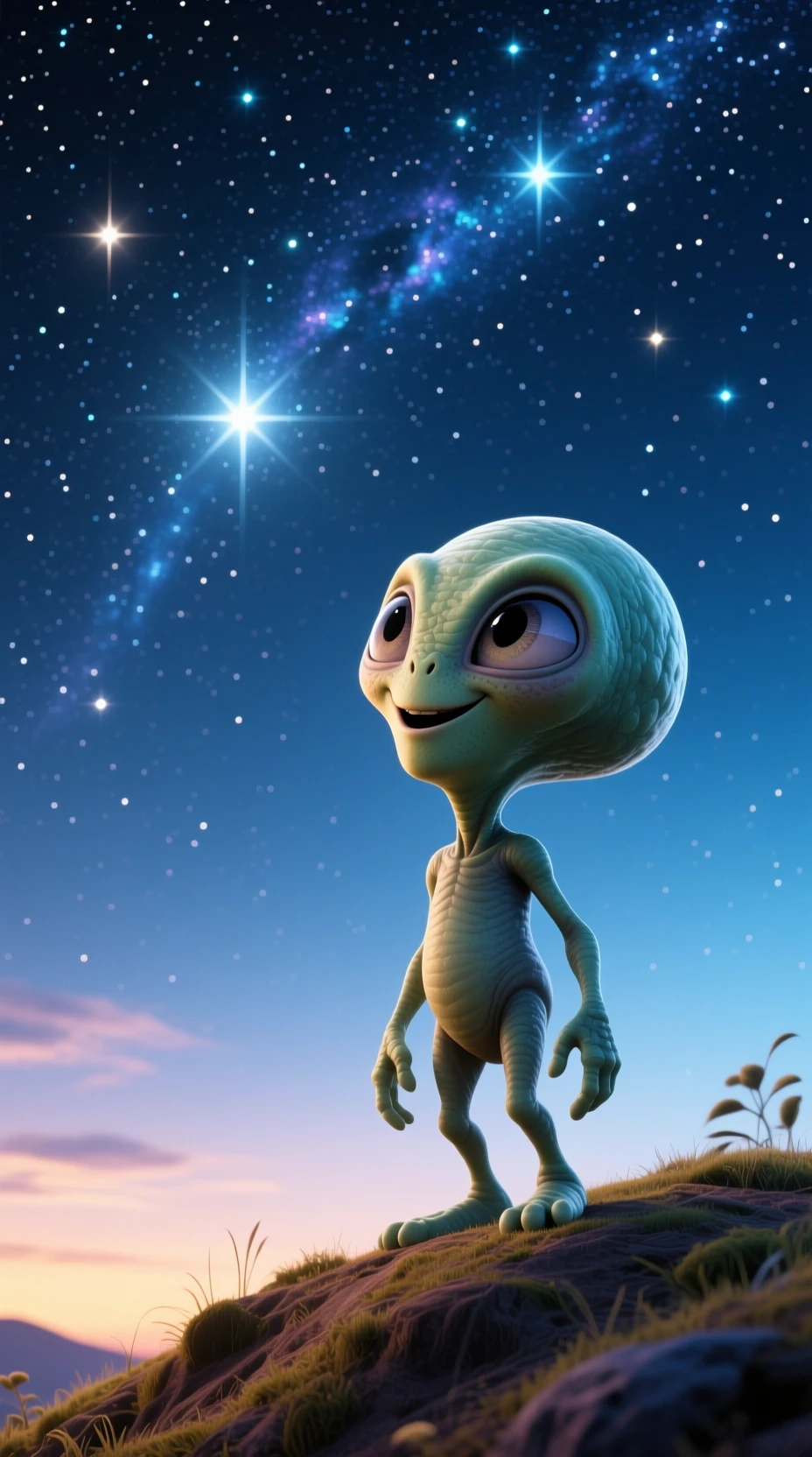 Pequeño alienígena mirando un lejano cielo nocturno estrellado