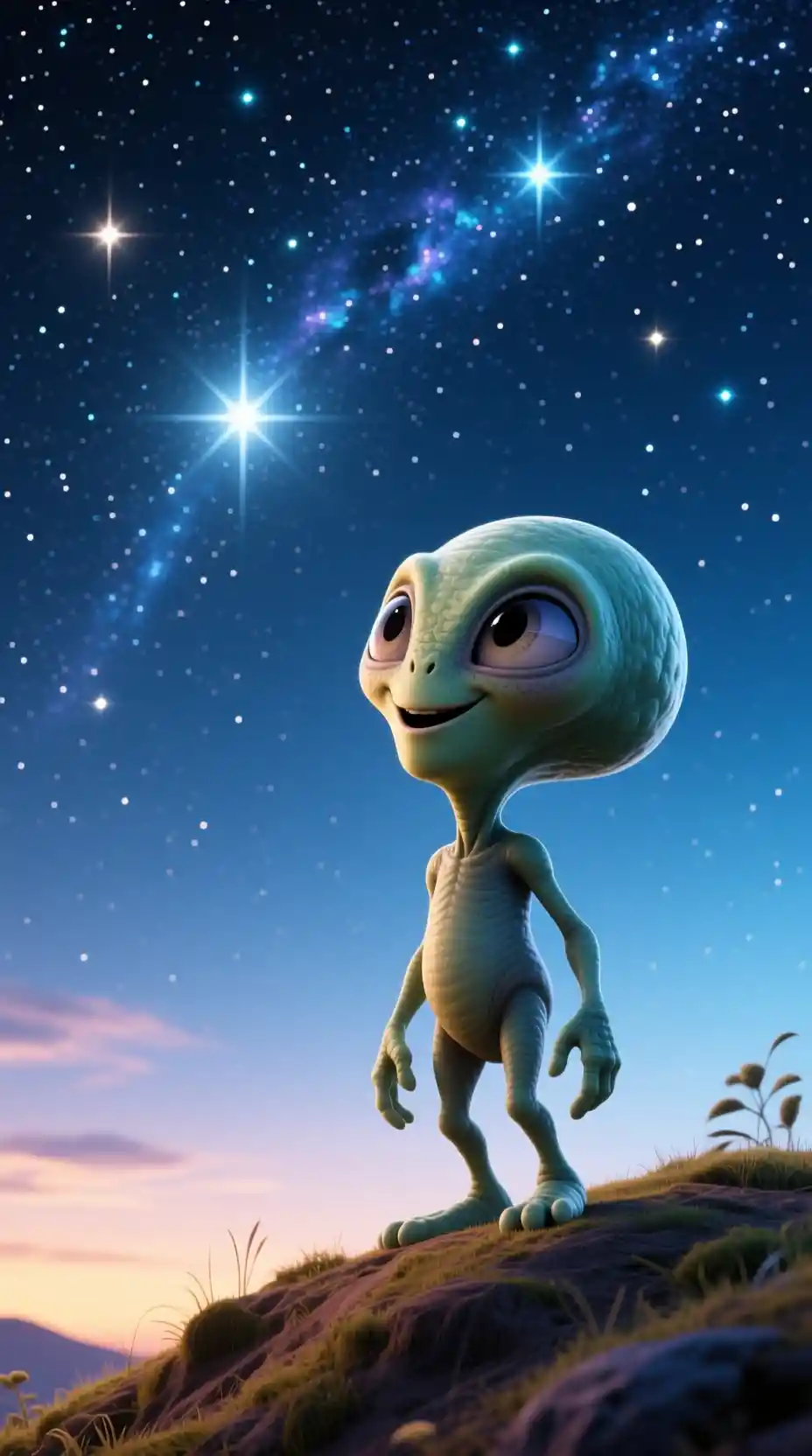 Pequeno alienígena olhando para um distante céu noturno estrelado