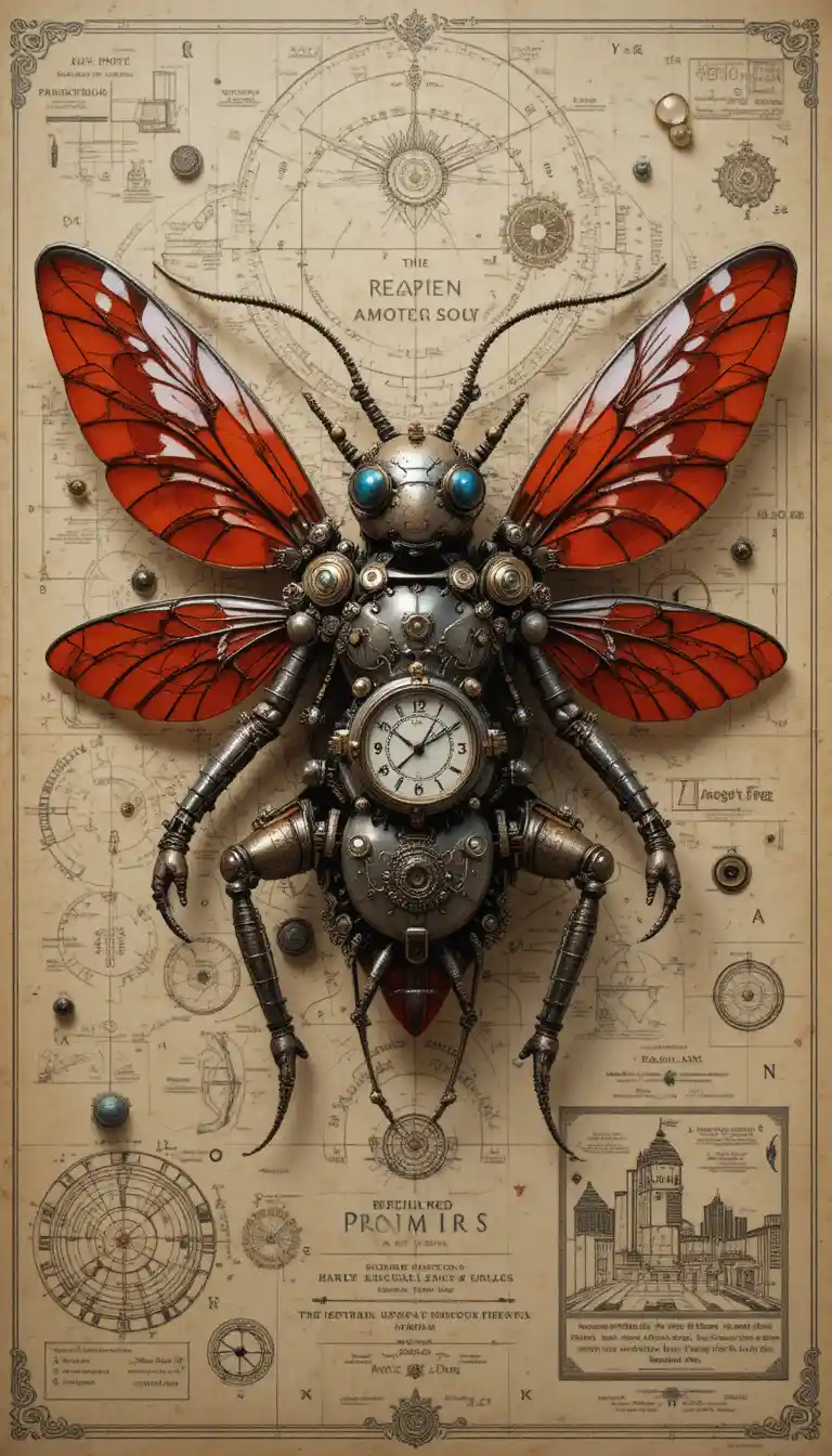Insetto steampunk con petto a ingranaggi su mappa vintage