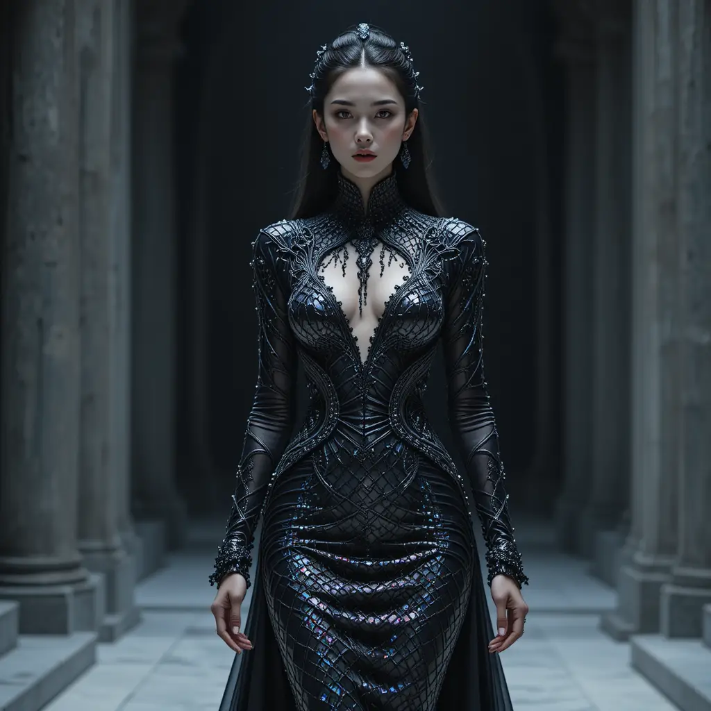 Donna coreana in abito couture scolpito effetto pelle di drago