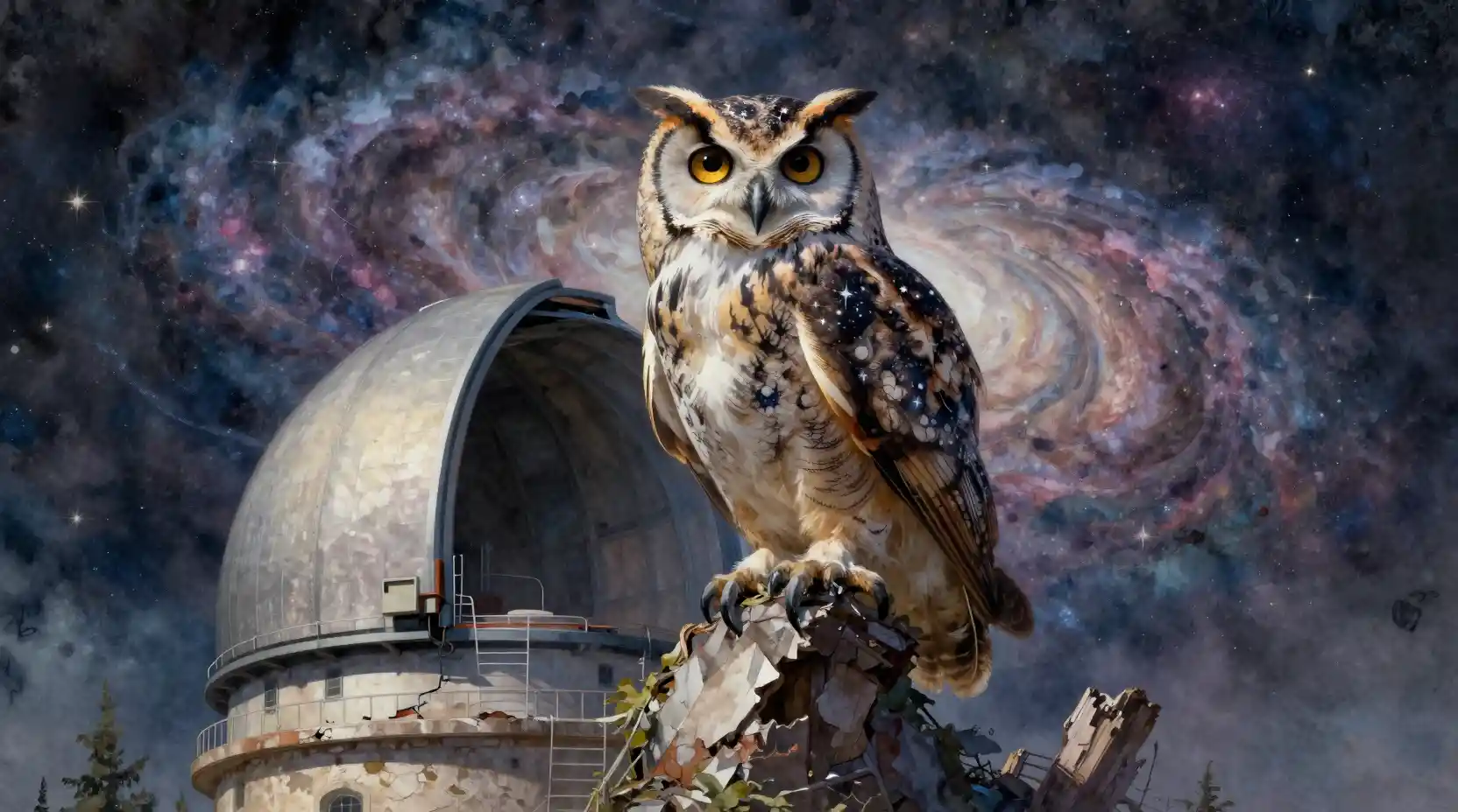 Kosmische Eule über einer verfallenen Sternwarte unter wirbelnden Galaxien