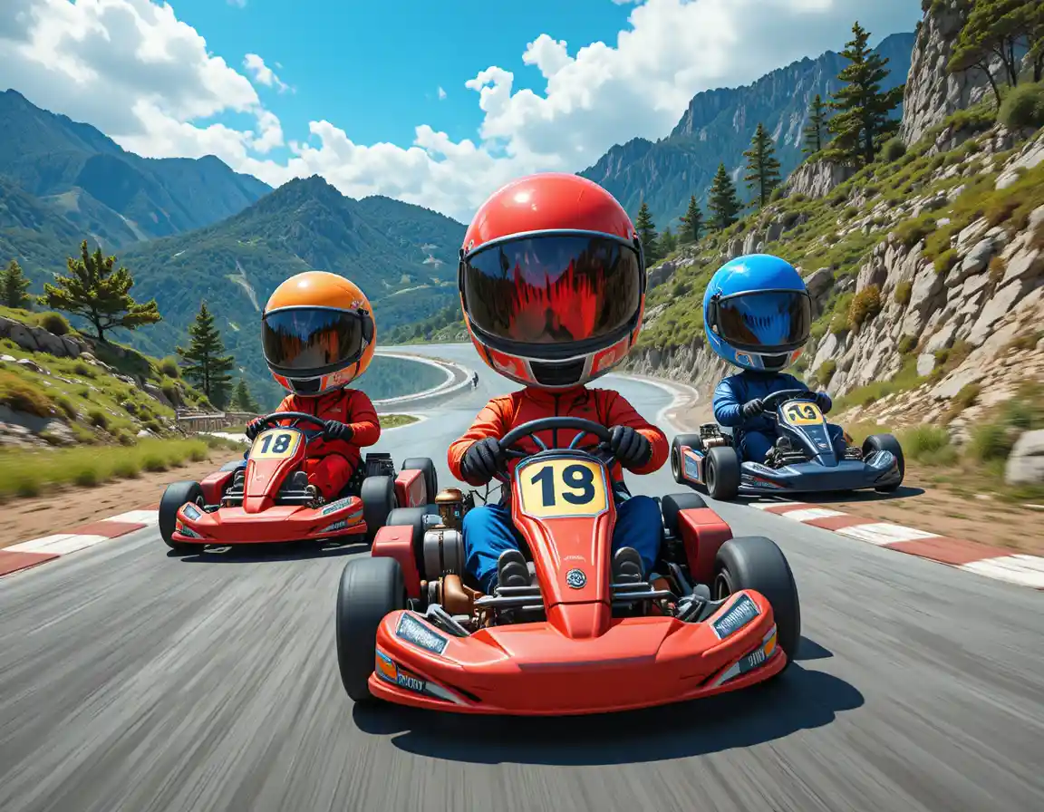 Three friends drifting go karts on a sunny mountain road