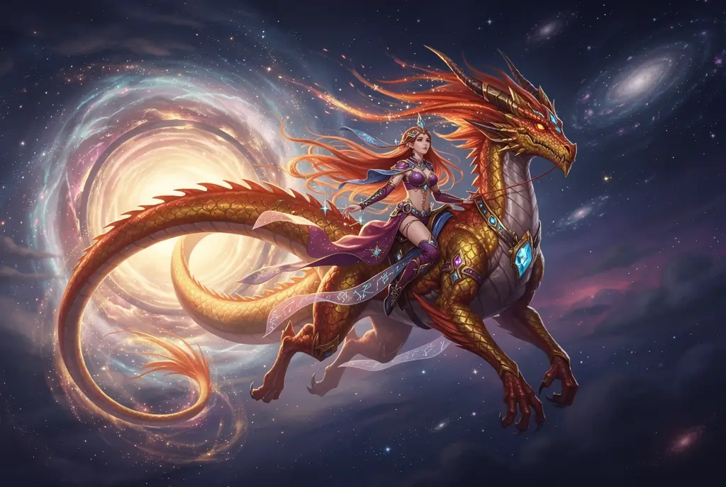 Drago celestiale e strega che solcano un cielo cosmico