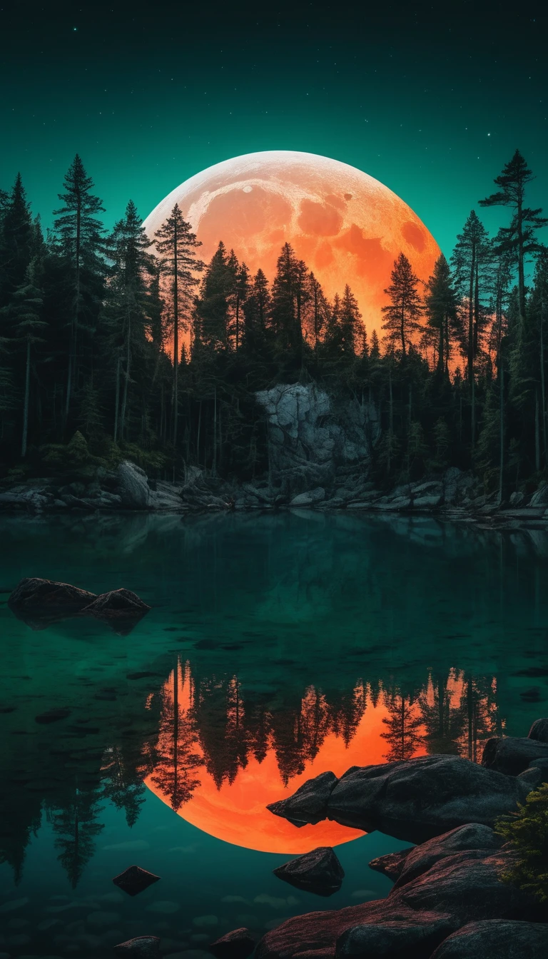 Surreale mondbeschienene Insel, gespiegelt in einem stillen Neonsee