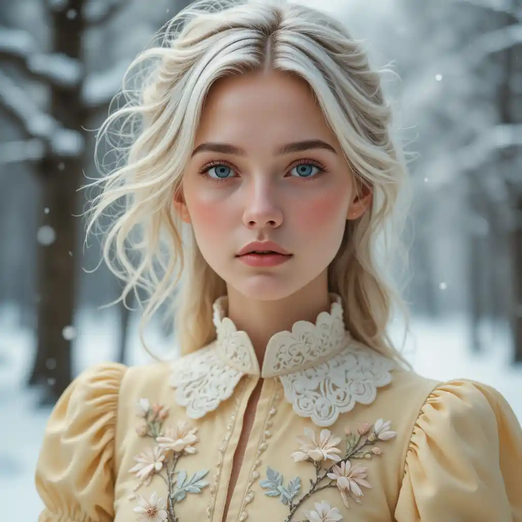 Blue eyed girl in yellow dress in falling winter snow
