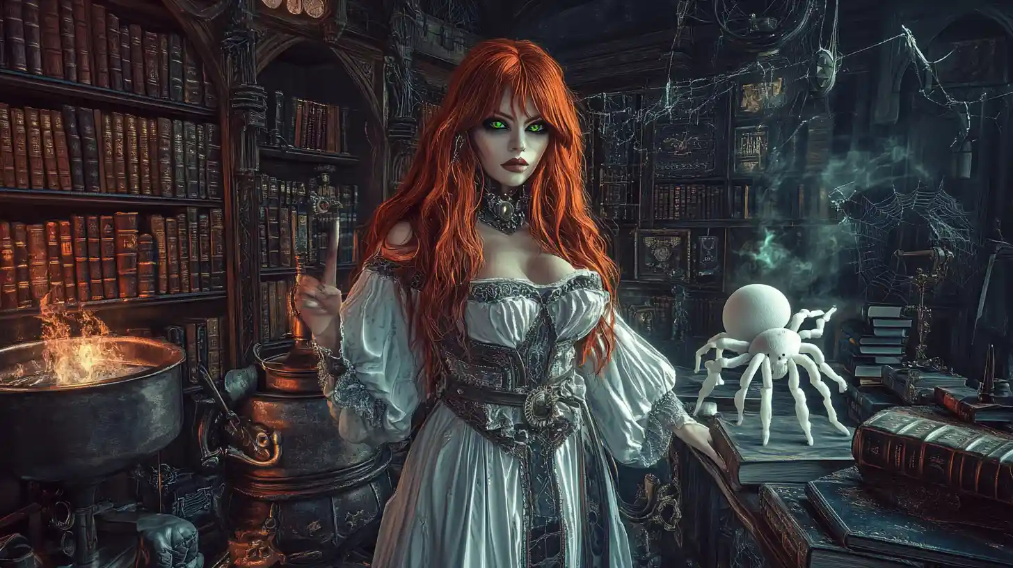 Strega steampunk dai capelli rossi in abito bianco in biblioteca