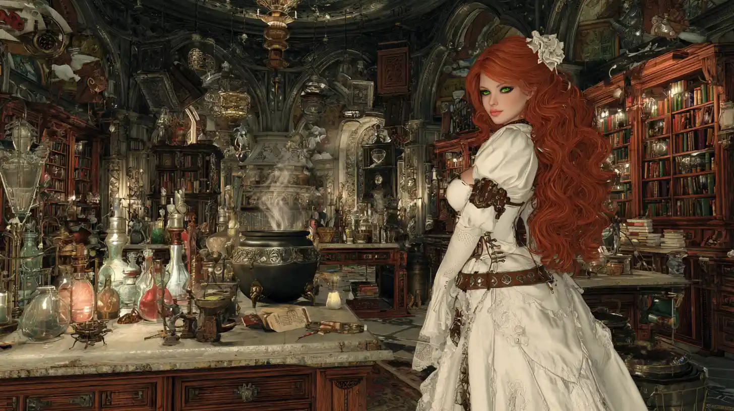 Red haired steampunk witch in a white gown in library
