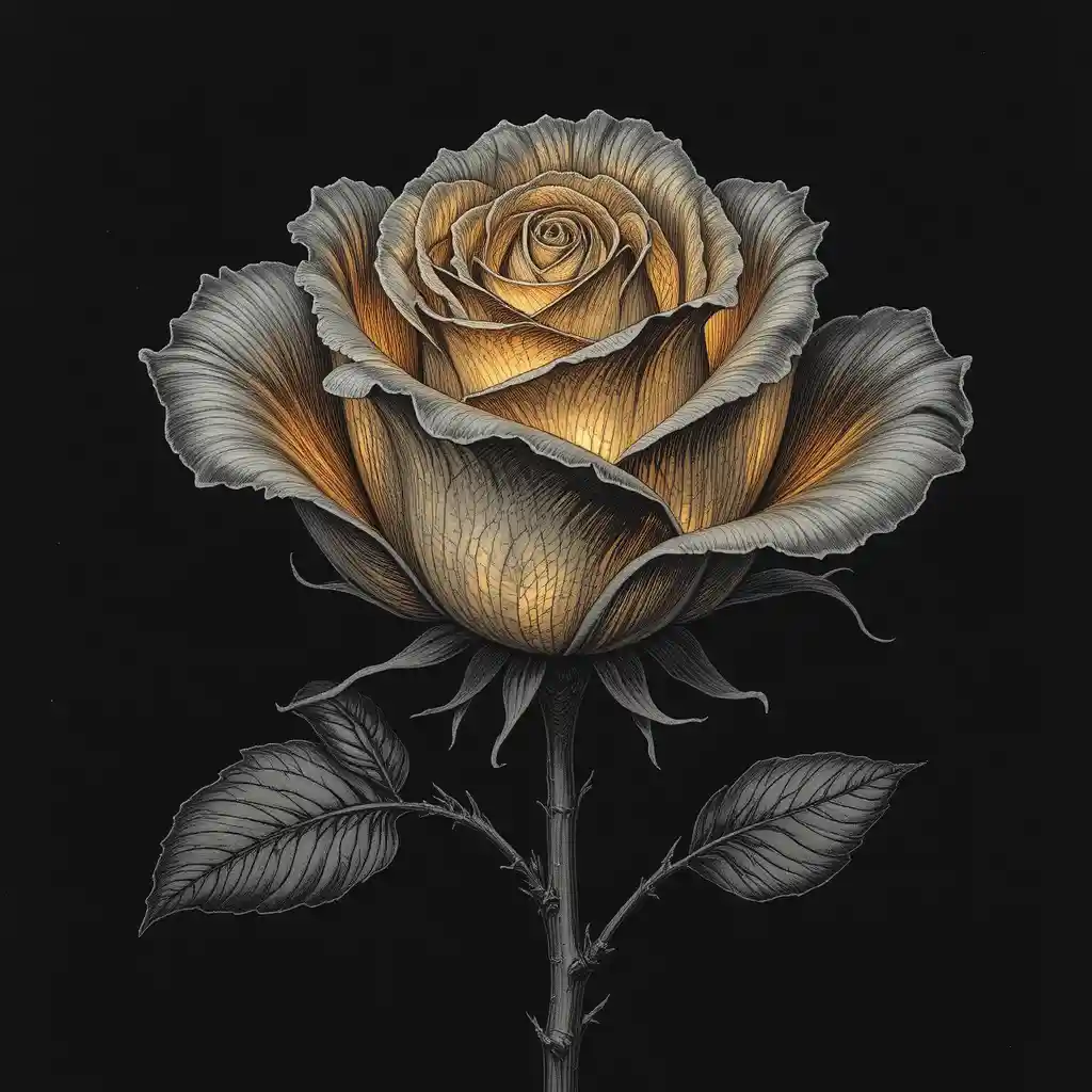 Rose gravée brillant dans une chaude lumière dorée de bougie